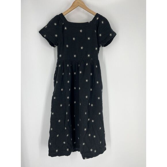 Madewell Dress Size XS Black Daisy Embroidered Lightspun Gauze Midi Square Neck - Picture 4 of 9
